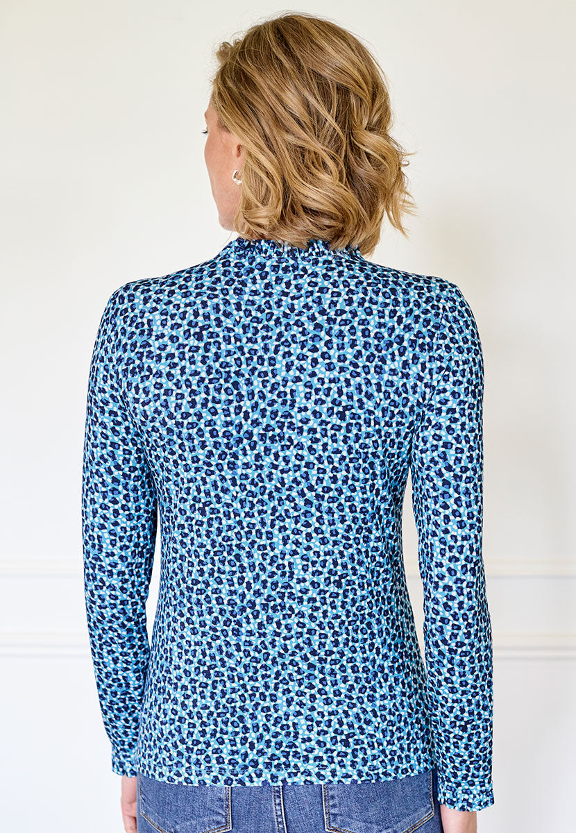 Bobbi Long Sleeve Frill Top - Blue Print Soft Stretchy Jersey Perfect Layering Piece Frill Neck and Cuffs Back View