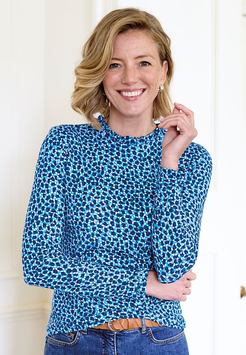 Bobbi Long Sleeve Frill Top - Blue Print Soft Stretchy Jersey Perfect Layering Piece Frill Neck and Cuffs