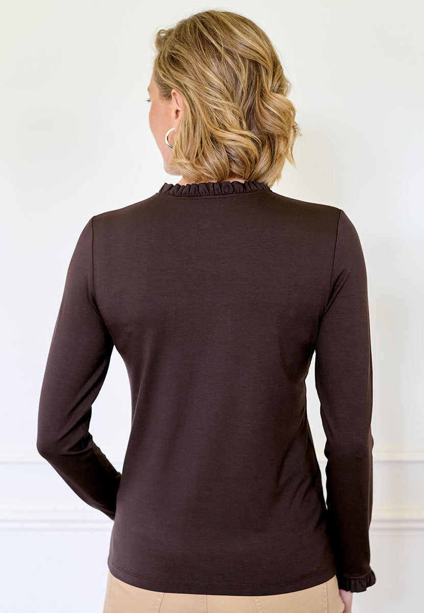 Bobbi Long Sleeve Frill Top - Chocolate Soft Stretchy Jersey Perfect Layering Piece Frill Neck and Cuffs Back View
