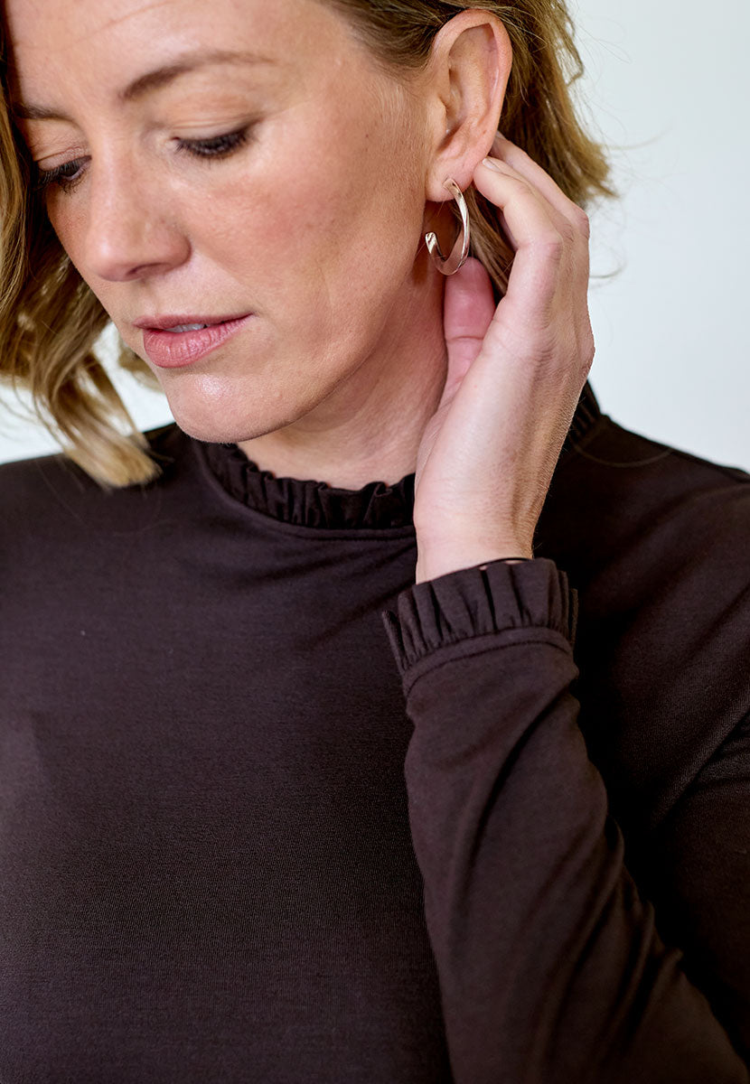 Bobbi Long Sleeve Frill Top - Chocolate Soft Stretchy Jersey Perfect Layering Piece Frill Neck and Cuffs Detail View