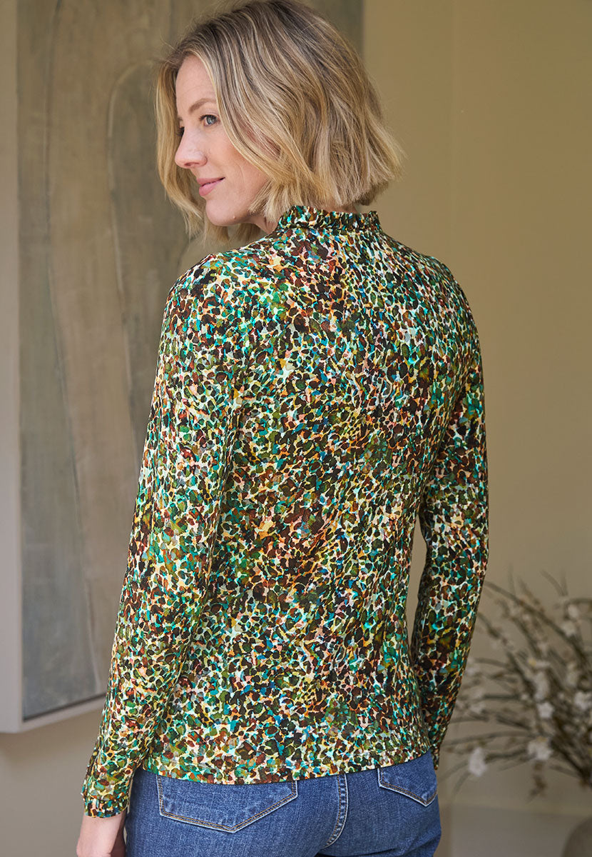Bobbi Long Sleeve Frill Neck Top - Green Multi Print Back View