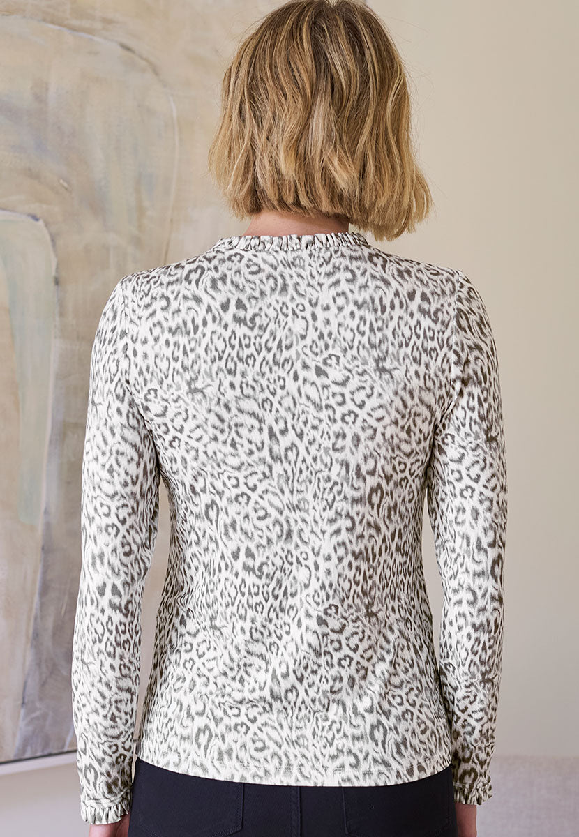 Bobbi Long Sleeve Frill Neck Top - Grey Animal Print
