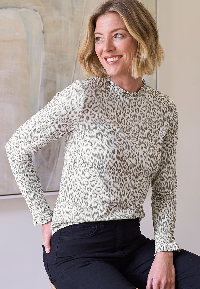 Bobbi Long Sleeve Frill Neck Top - Grey Animal Print