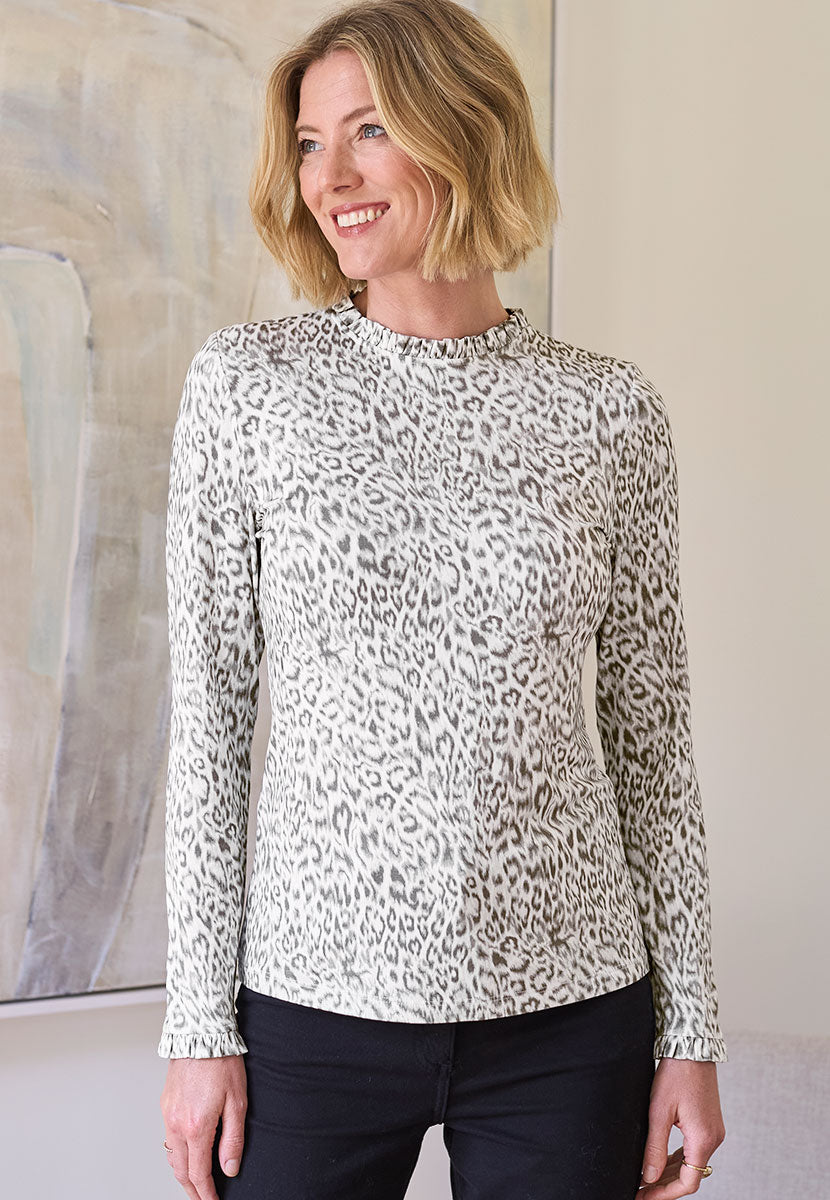 Bobbi Long Sleeve Frill Neck Top - Grey Animal Print