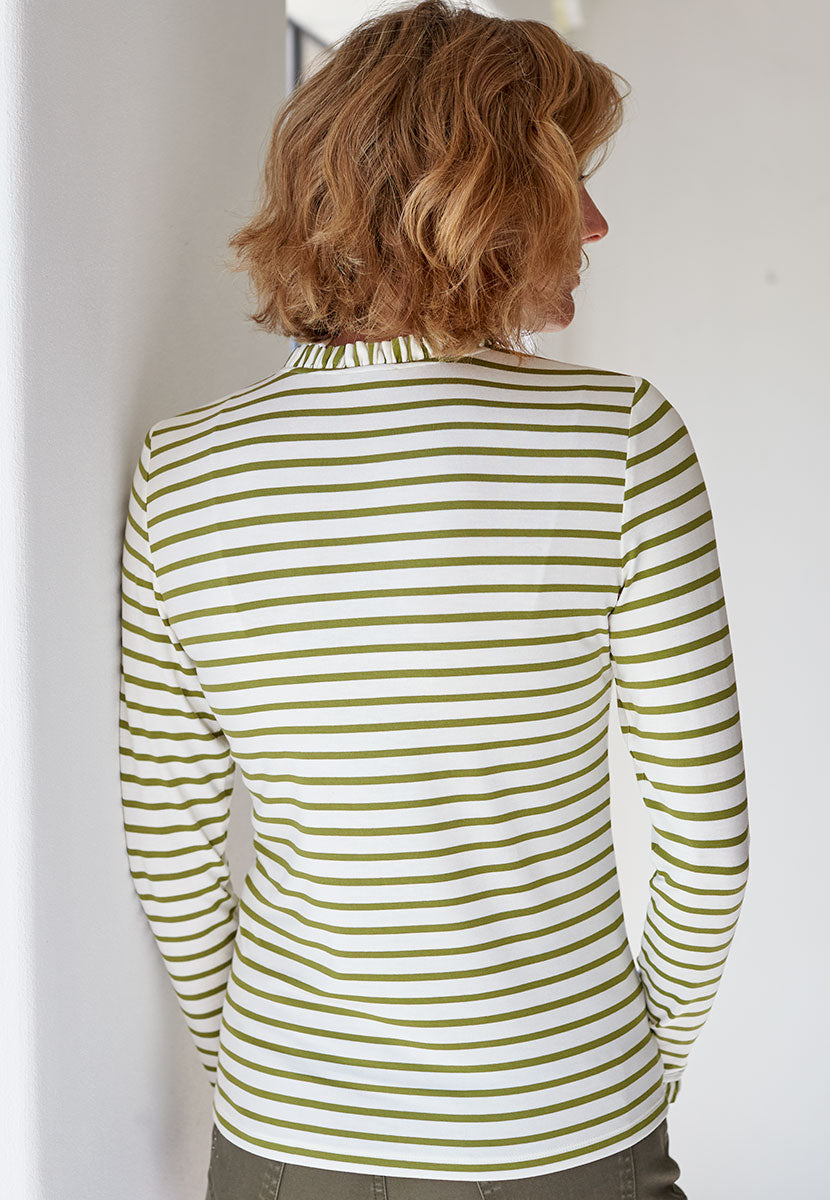 Bobbi Long Sleeve Frill Top - Ivory/Khaki Stripe