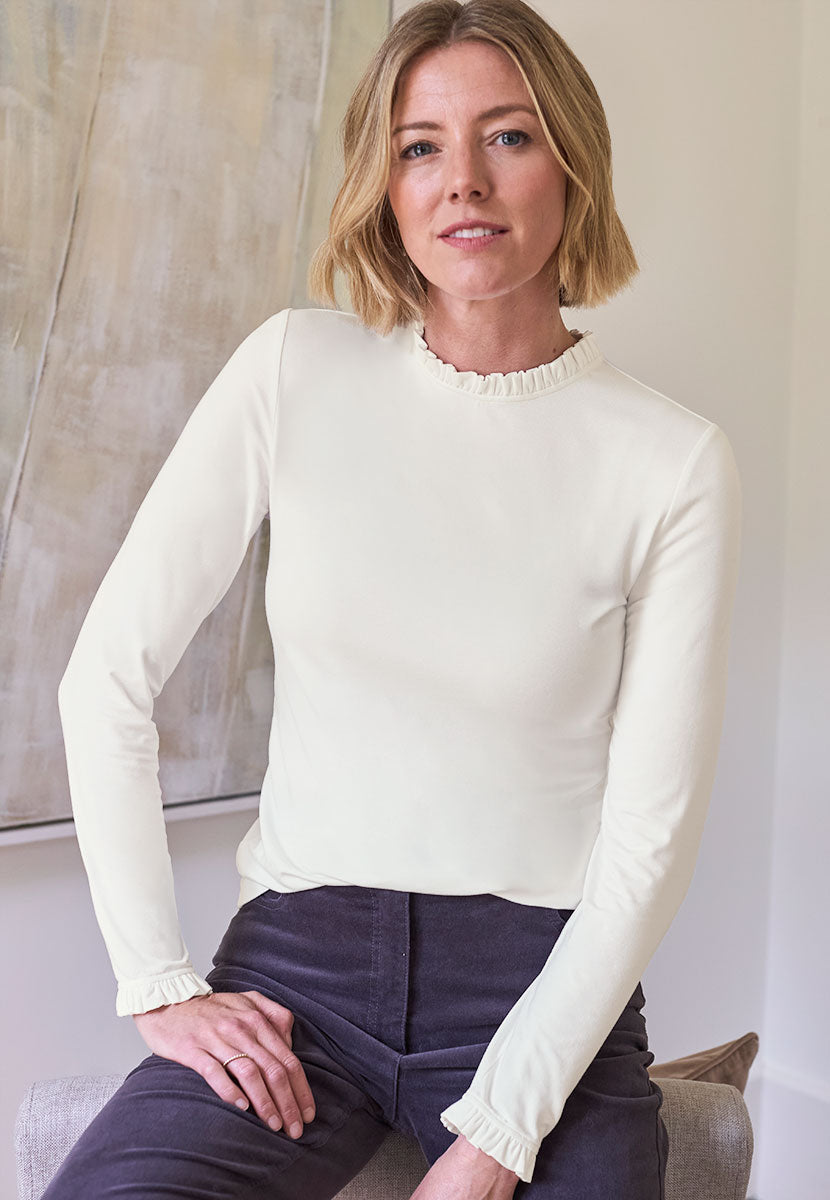 Bobbi Long Sleeve Frill Top - Ivory
