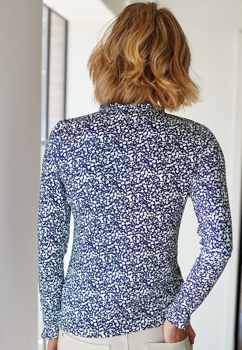 Bobbi Long Sleeve Frill Top - Navy Print