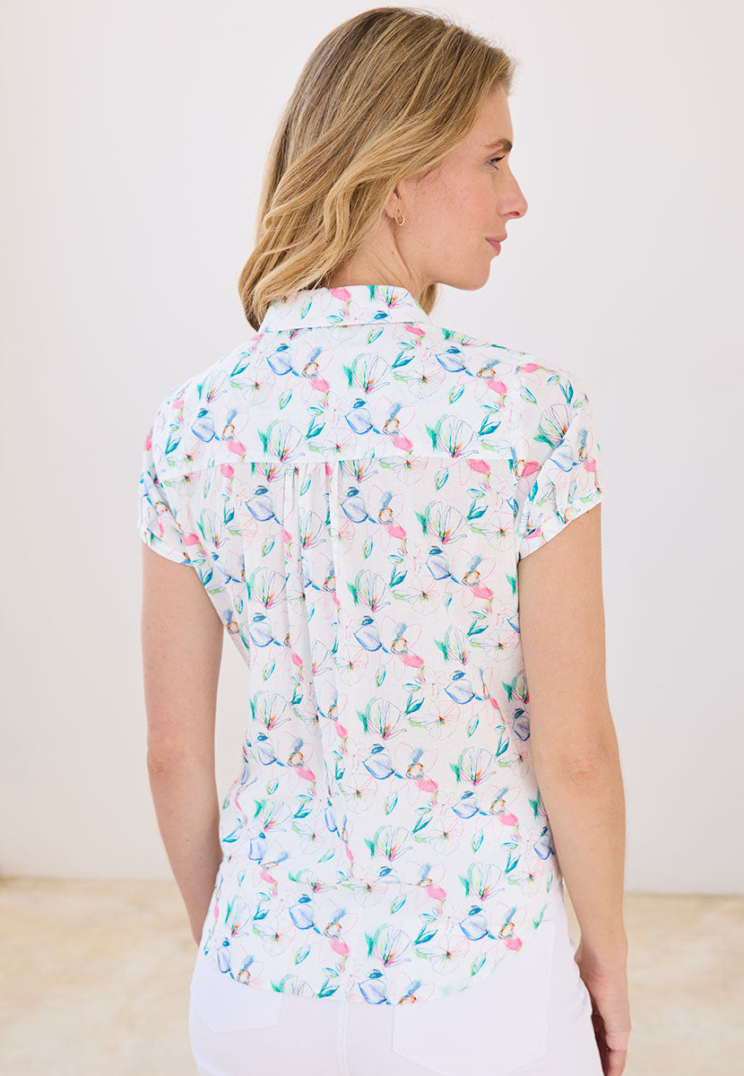 Caitlyn Short Sleeve Collared Blouse - Carbolla Print Pure Cotton Button Through Blouse with Rounded Collar Button Detail on Sleeve and Back Yoke Back View