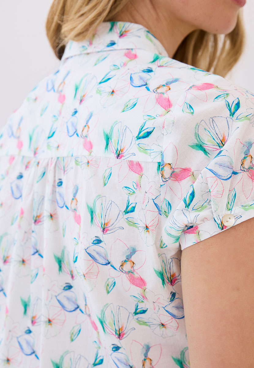 Caitlyn Short Sleeve Collared Blouse - Carbolla Print Pure Cotton Button Through Blouse with Rounded Collar Button Detail on Sleeve and Back Yoke Detail View