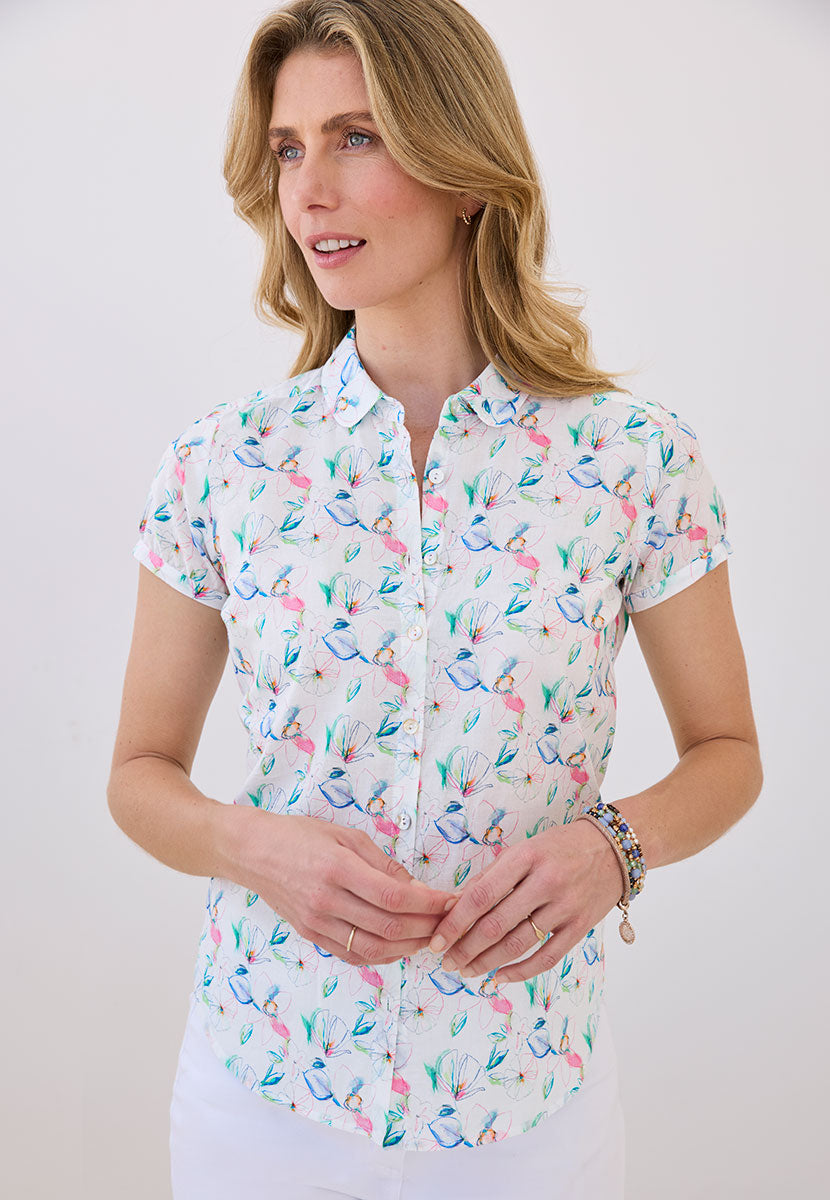 Caitlyn Short Sleeve Collared Blouse - Carbolla Print Pure Cotton Button Through Blouse with Rounded Collar Button Detail on Sleeve and Back Yoke Front Alt View