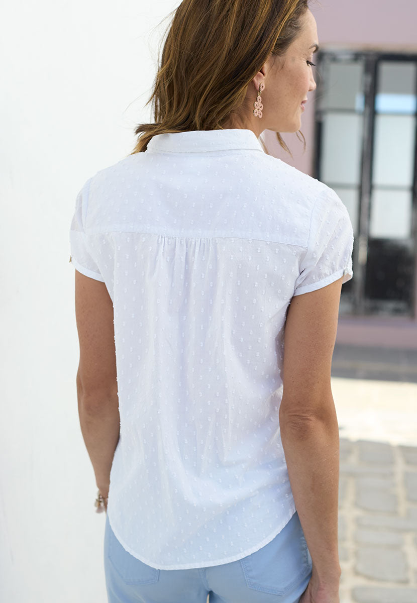 Caitlyn Short Sleeve Collared Blouse - Carbolla Print Pure Cotton Button Through Blouse with Rounded Collar Button Detail on Sleeve and Back Yoke Back View