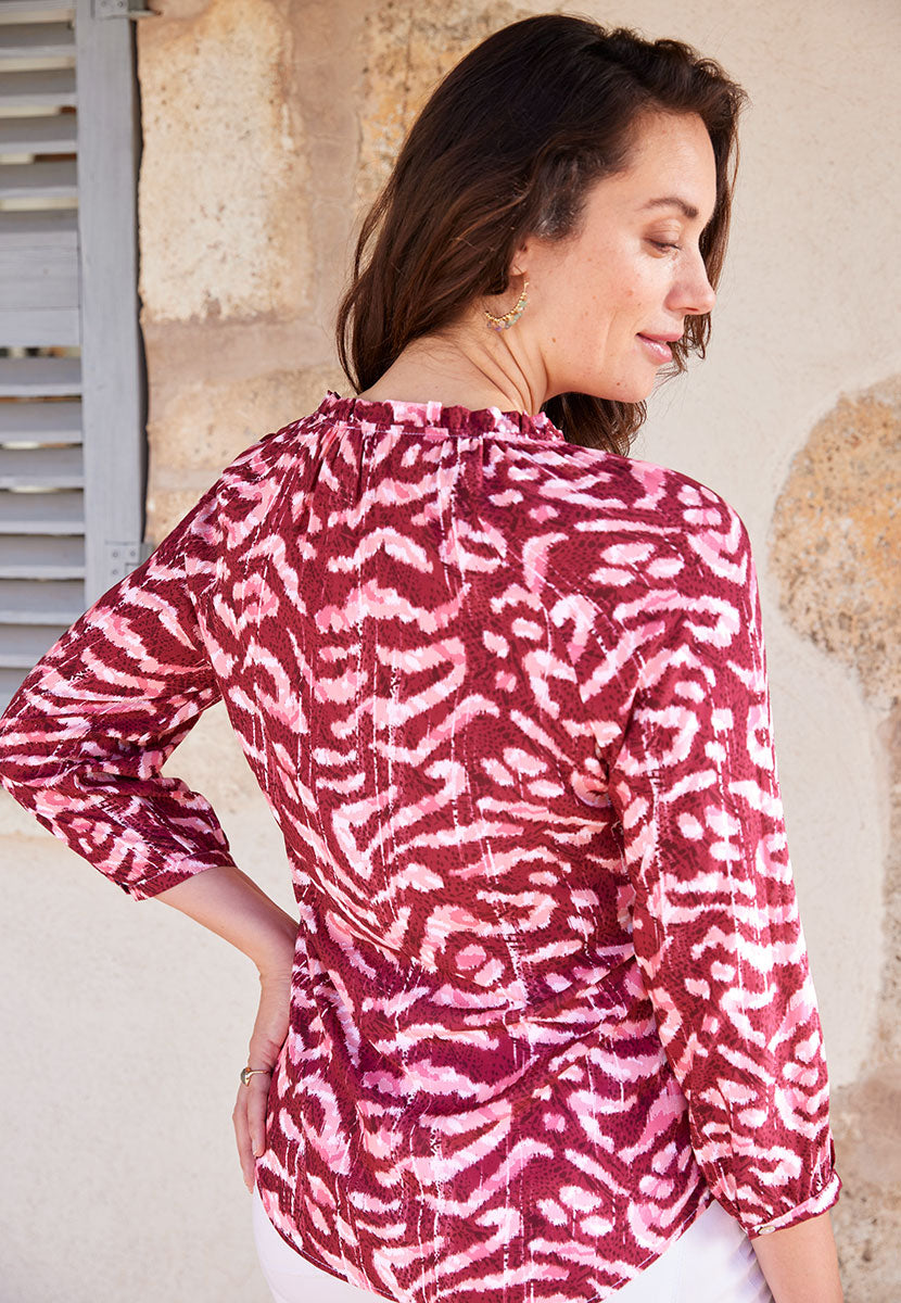 Callie Frill Neck 3 Quarter Sleeve Blouse - Pink Vico Print Size 8 Button Cuff with Rouleau Button Fastening and Raglan Sleeve Back View
