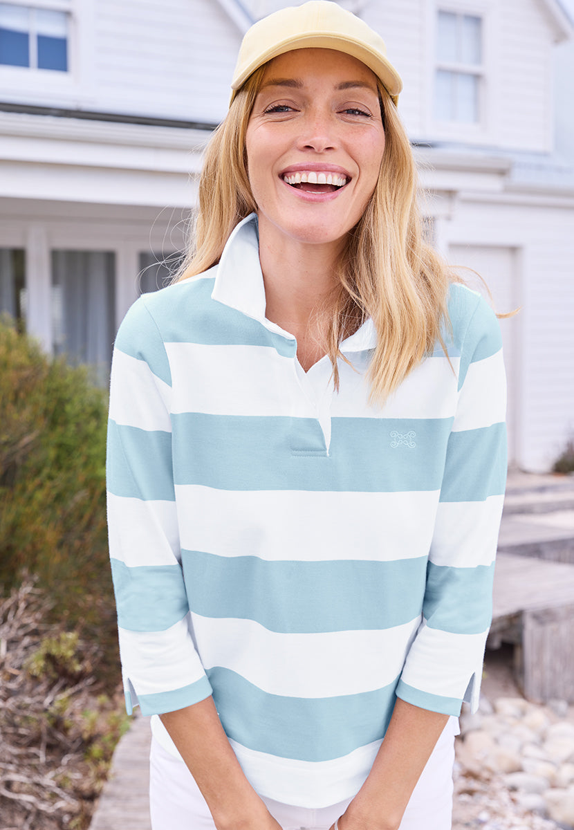 Camelia Twill Collared Rugby Top - Blue Stripe