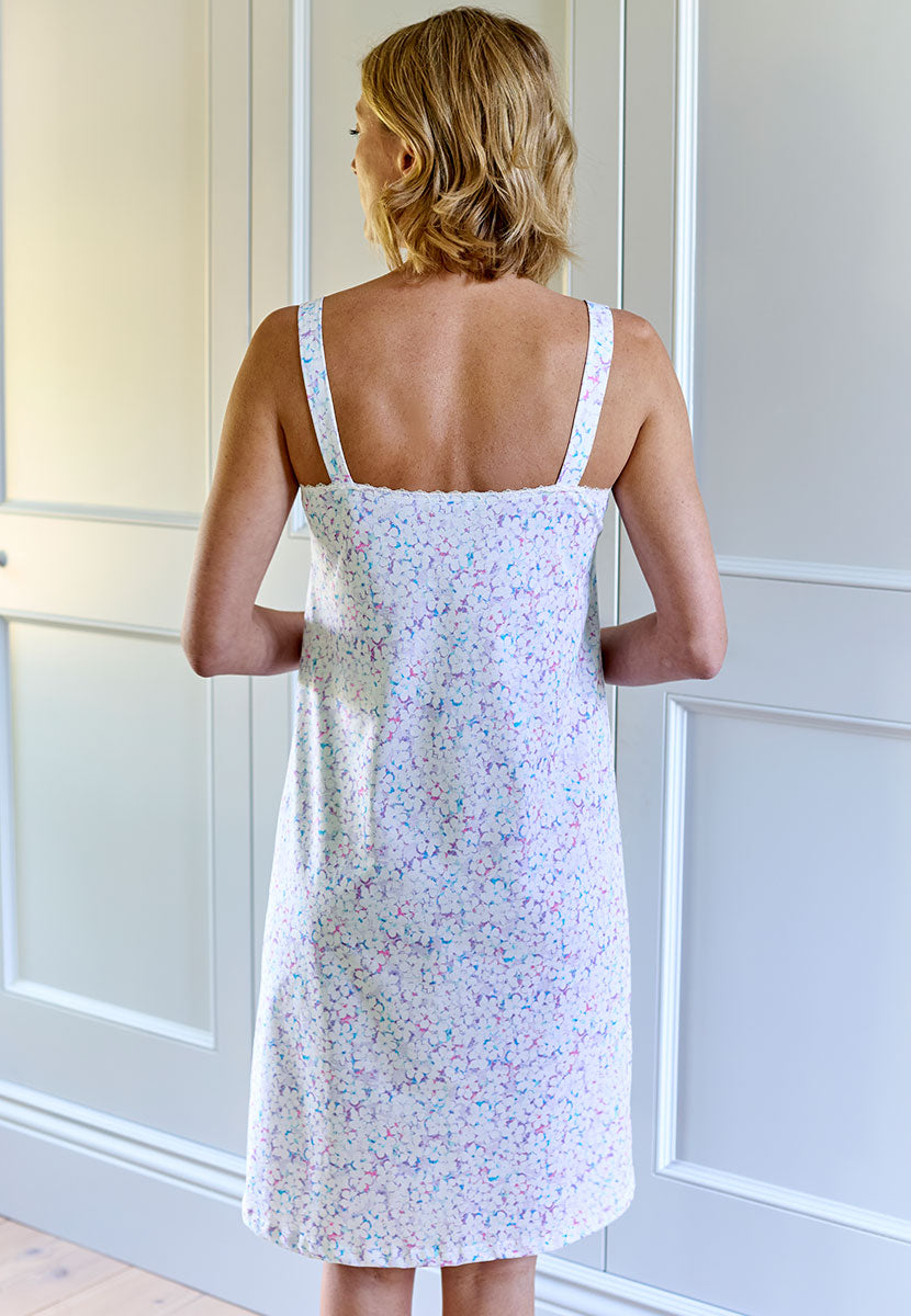 Caris Cotton Jersey Chemise - Flora Print Purple and White Wide Strapped in Exclusive Print with Pretty Lace Trim Details Back View