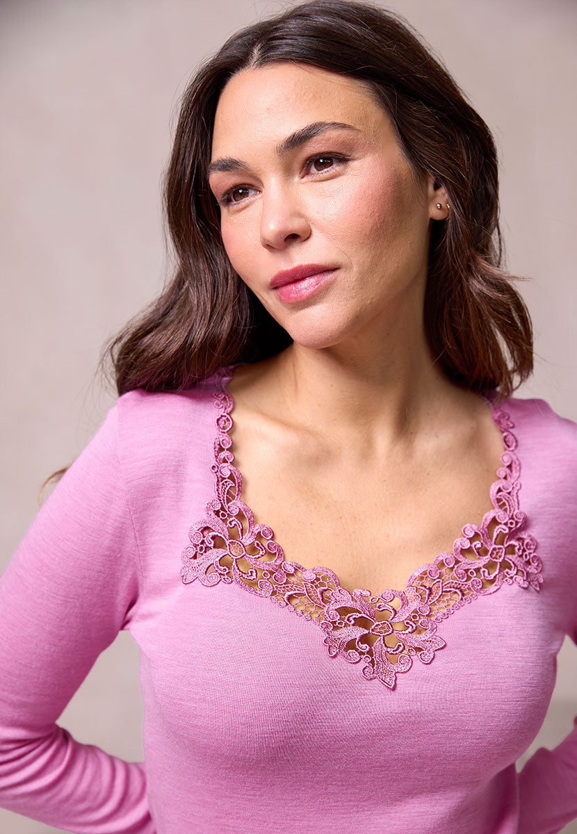 Carla Merino Long Sleeve Vest - Peony Merino Wool Silk Cotton Skin-Kind Finish Guipure Lace Detail View