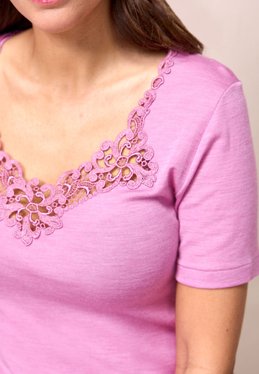 Carla Merino Short Sleeve Vest - Peony Merino Wool Silk Cotton Skin-Kind Finish Guipure Lace Detail View