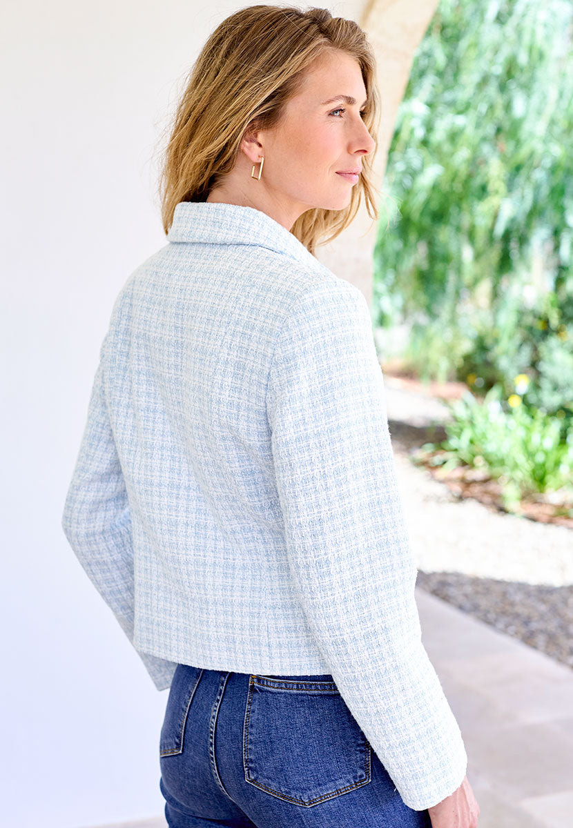 Carly Tailored Textured Lined Long Sleeve Jacket - Blue Faux Pockets with Flaps Modern Styling Gold-Tone Buttons Back View