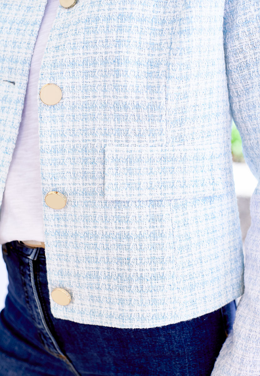 Carly Tailored Textured Lined Long Sleeve Jacket - Blue Faux Pockets with Flaps Modern Styling Gold-Tone Buttons Detail View
