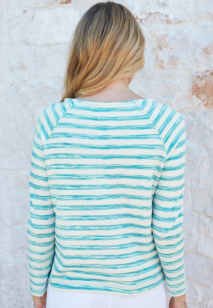 Carolina Long Sleeve Boat Neck Texured Top - Aqua Stripe