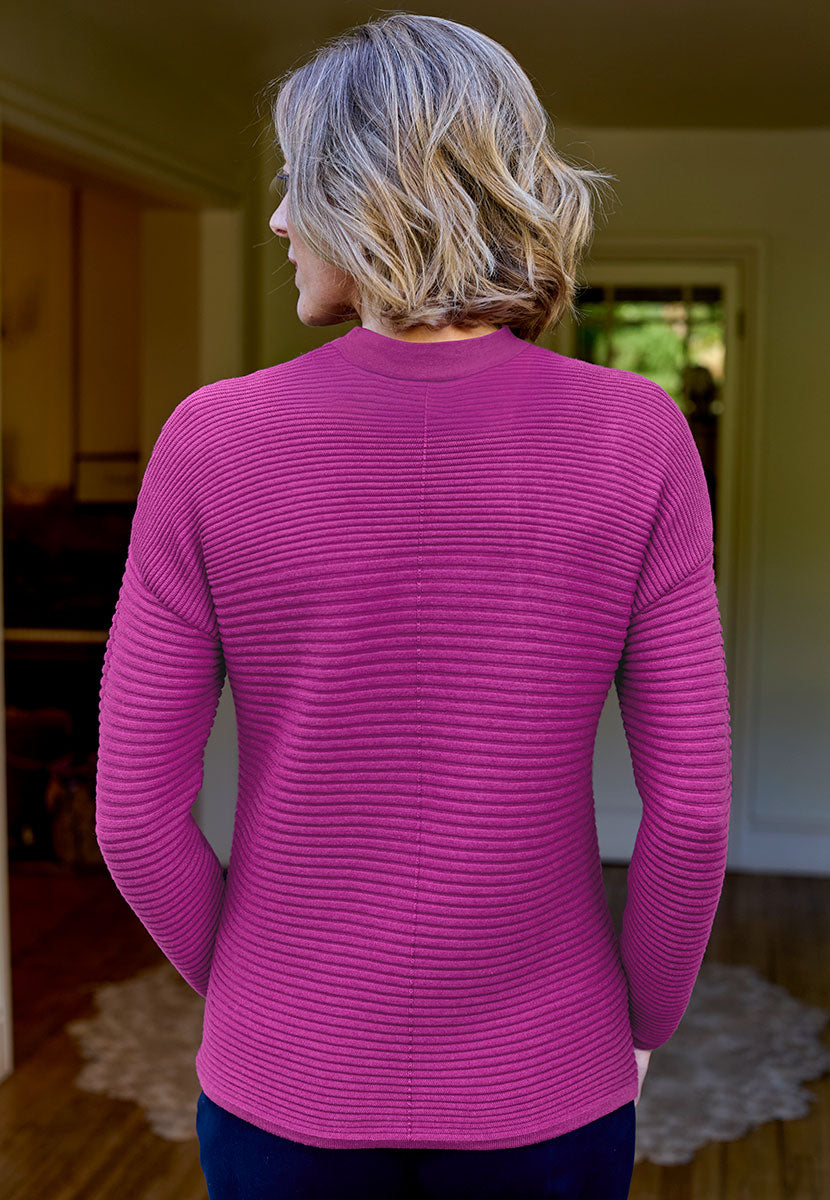 Caroline Ottoman Rib Knit Jumper - Rich Magenta Refined Relaxed Dressing In Midweight Silky-Feel Blend Bardot Neckline Seam Detail Back View