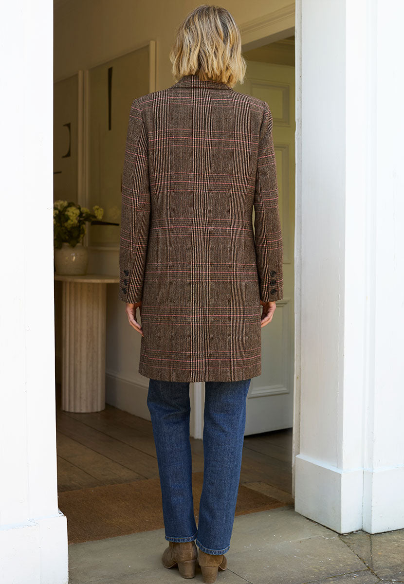 Cassie Tailored Check Coat - Neutral Check Back View