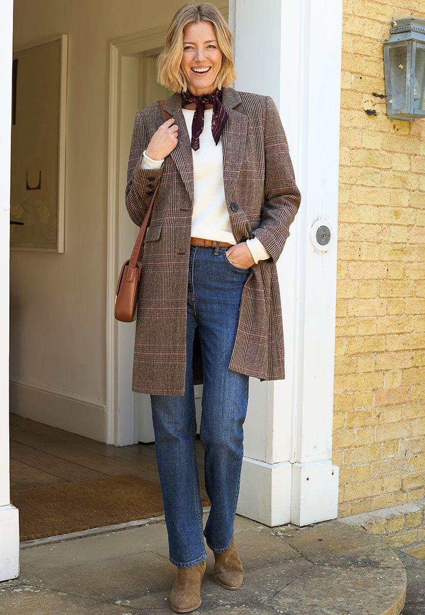Cassie Tailored Check Coat - Neutral Check Front View