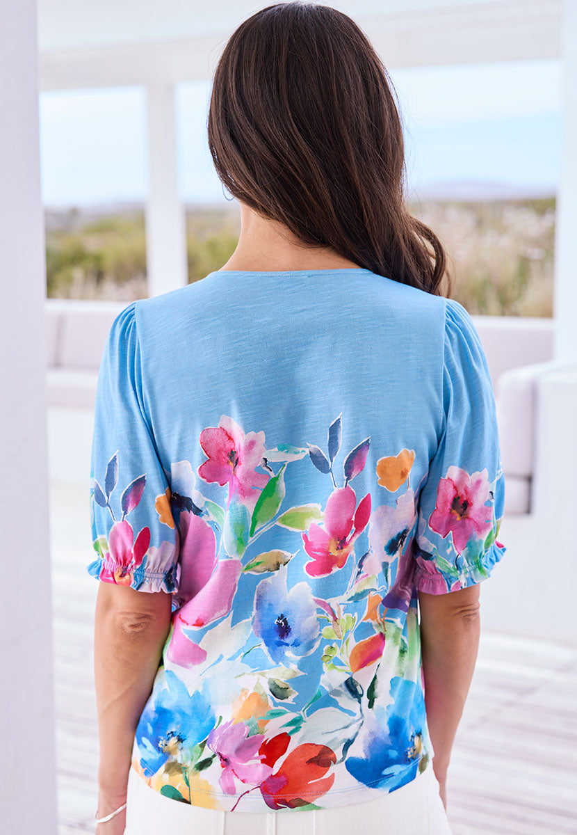 Cecile Notch Neck Cotton Top - Ichia Print