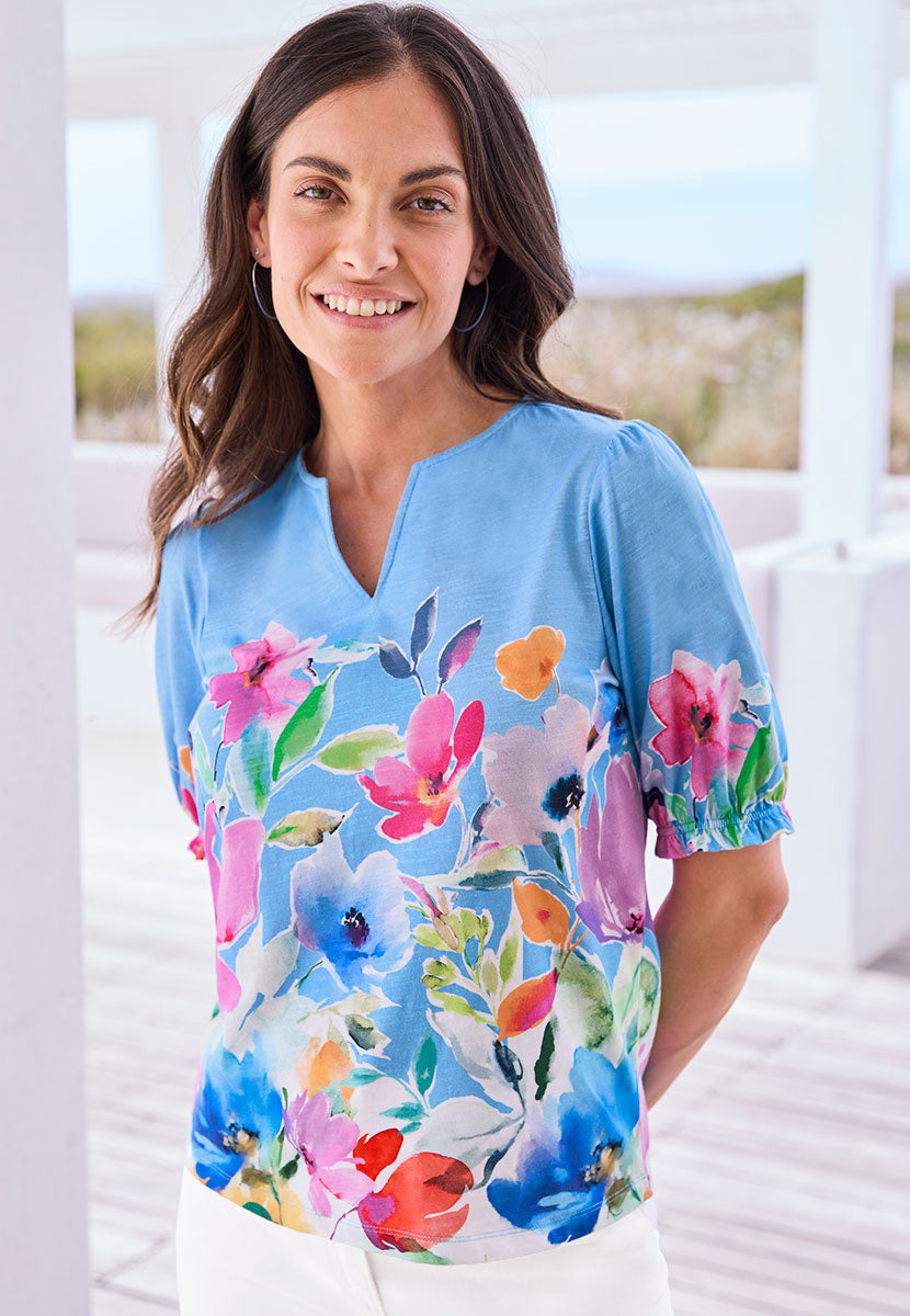 Cecile Notch Neck Cotton Top - Ichia Print