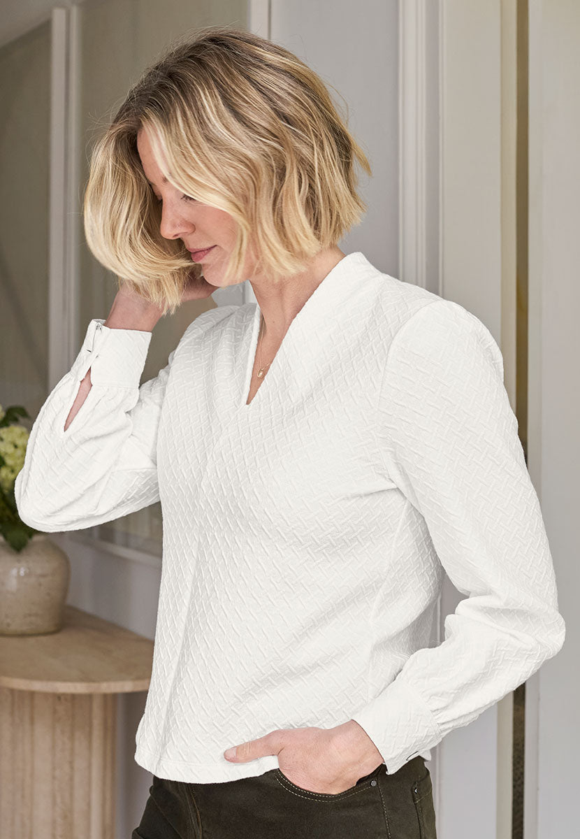 Charley Cuffed Long Sleeve Jacquard Top - Ivory