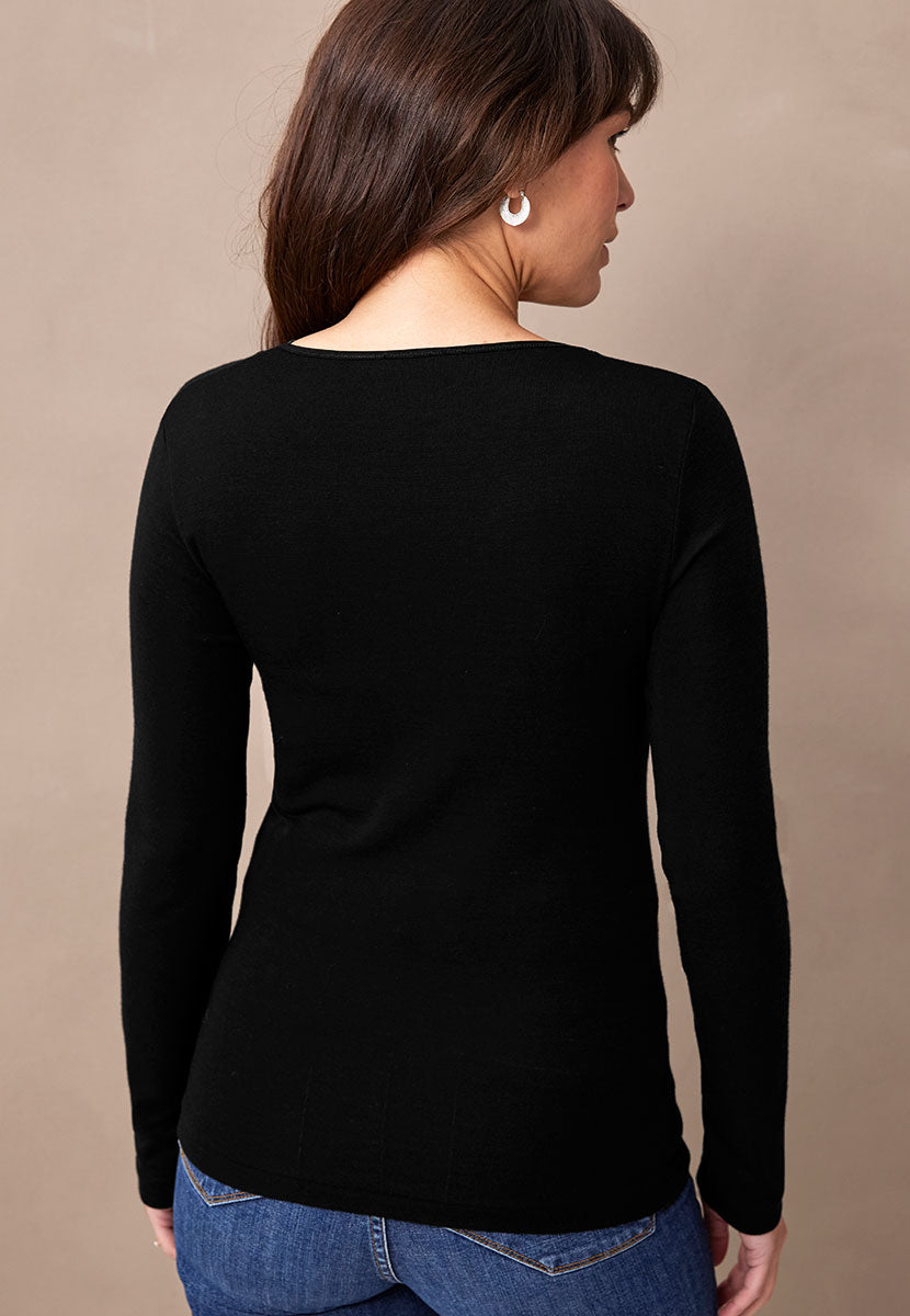 Chiara V-Neck Long Sleeve Merino Top - Black Back View