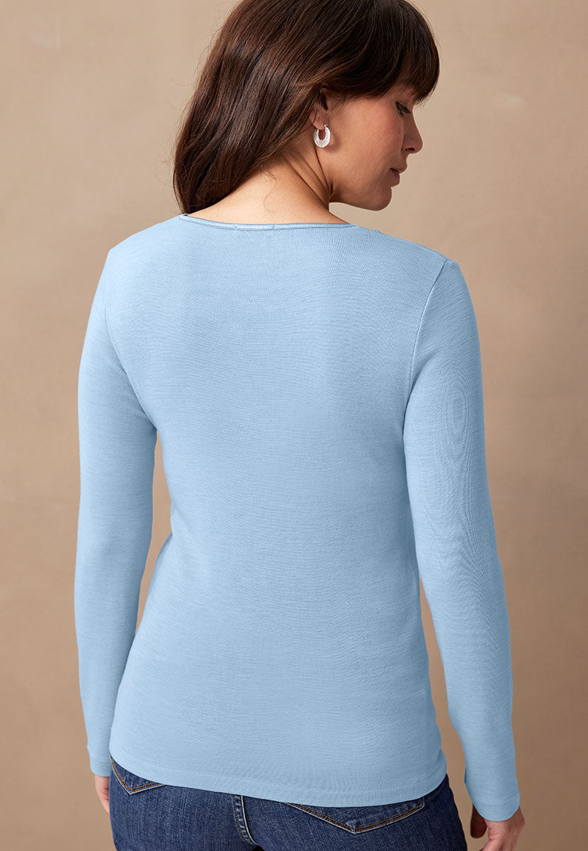 Chiara V-Neck Long Sleeve Merino Top - French Blue Back View