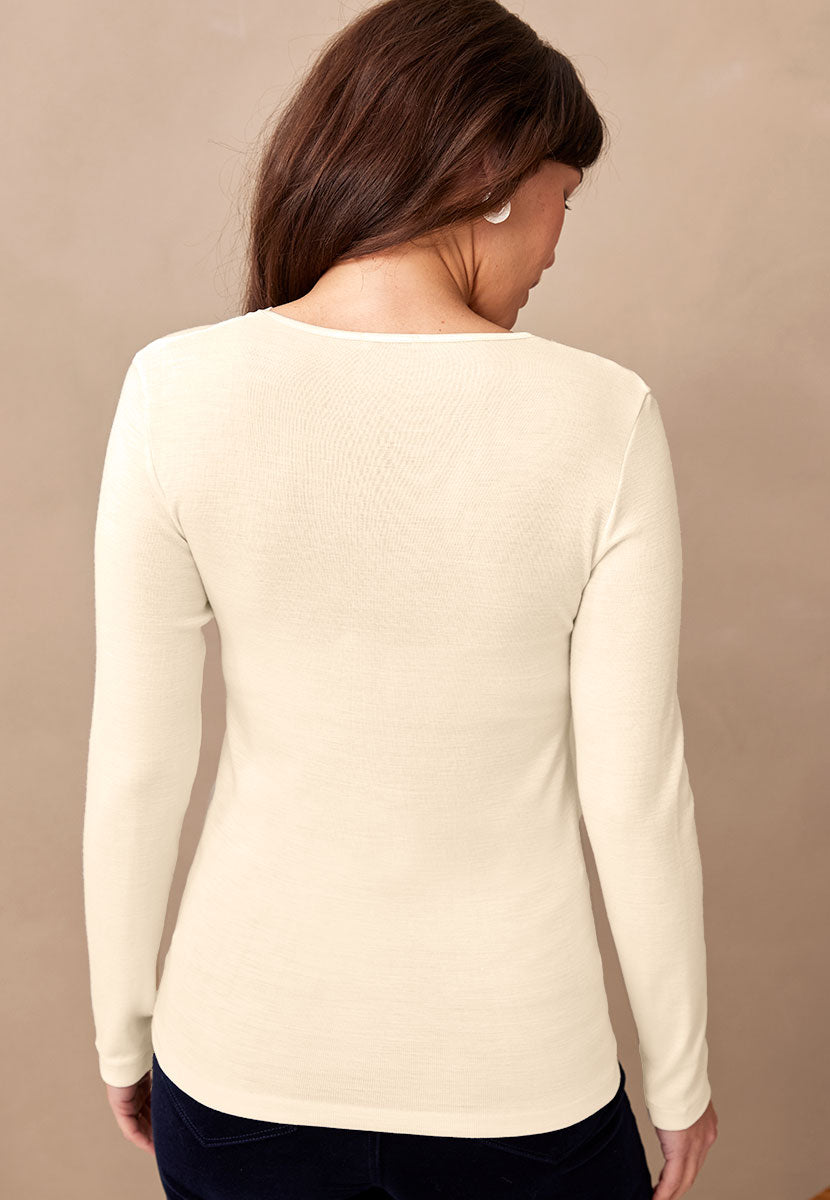 Chiara V-Neck Long Sleeve Merino Top - Ivory Back View