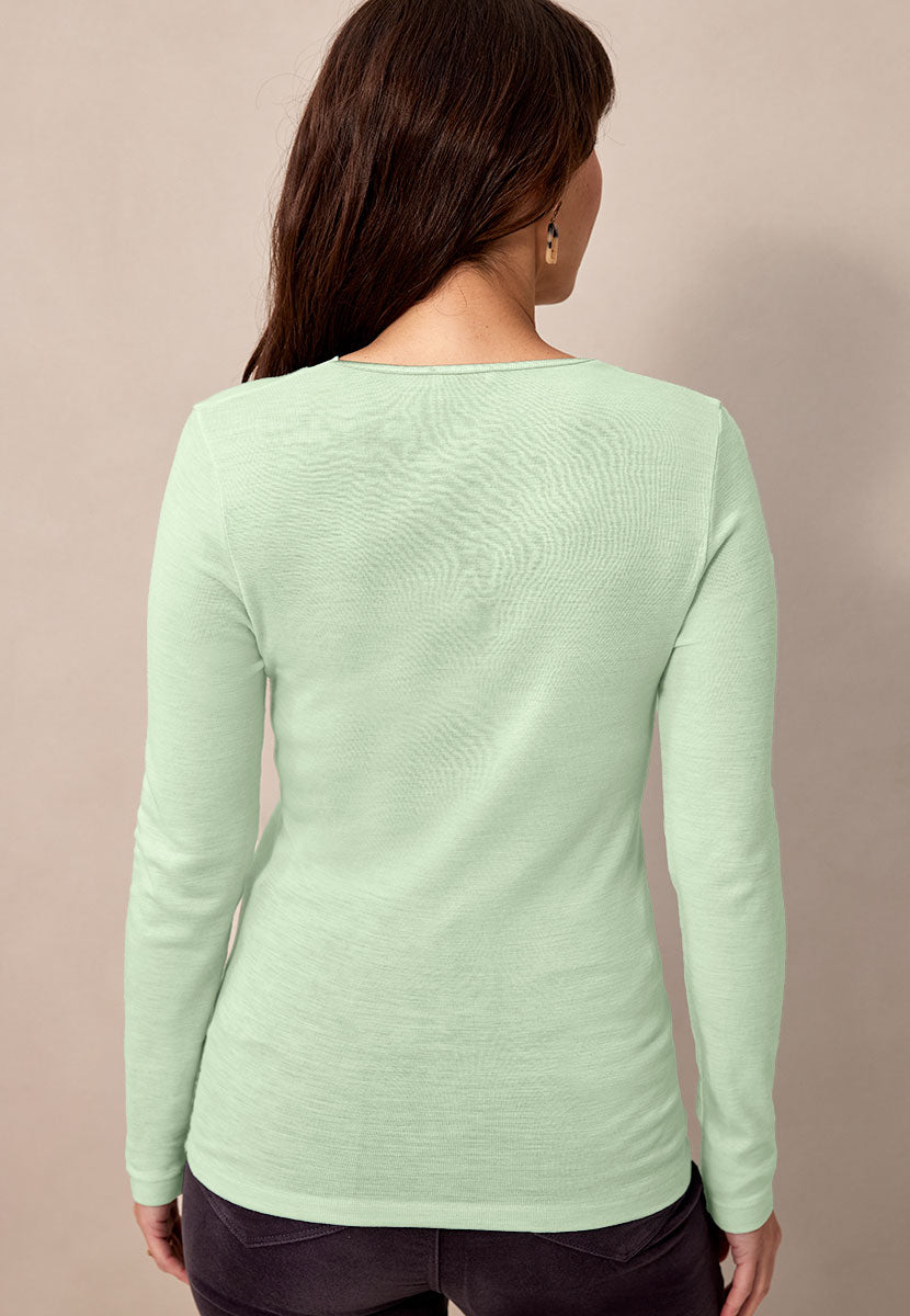 Chiara V-Neck Long Sleeve Merino Top - Pale Mint Back View