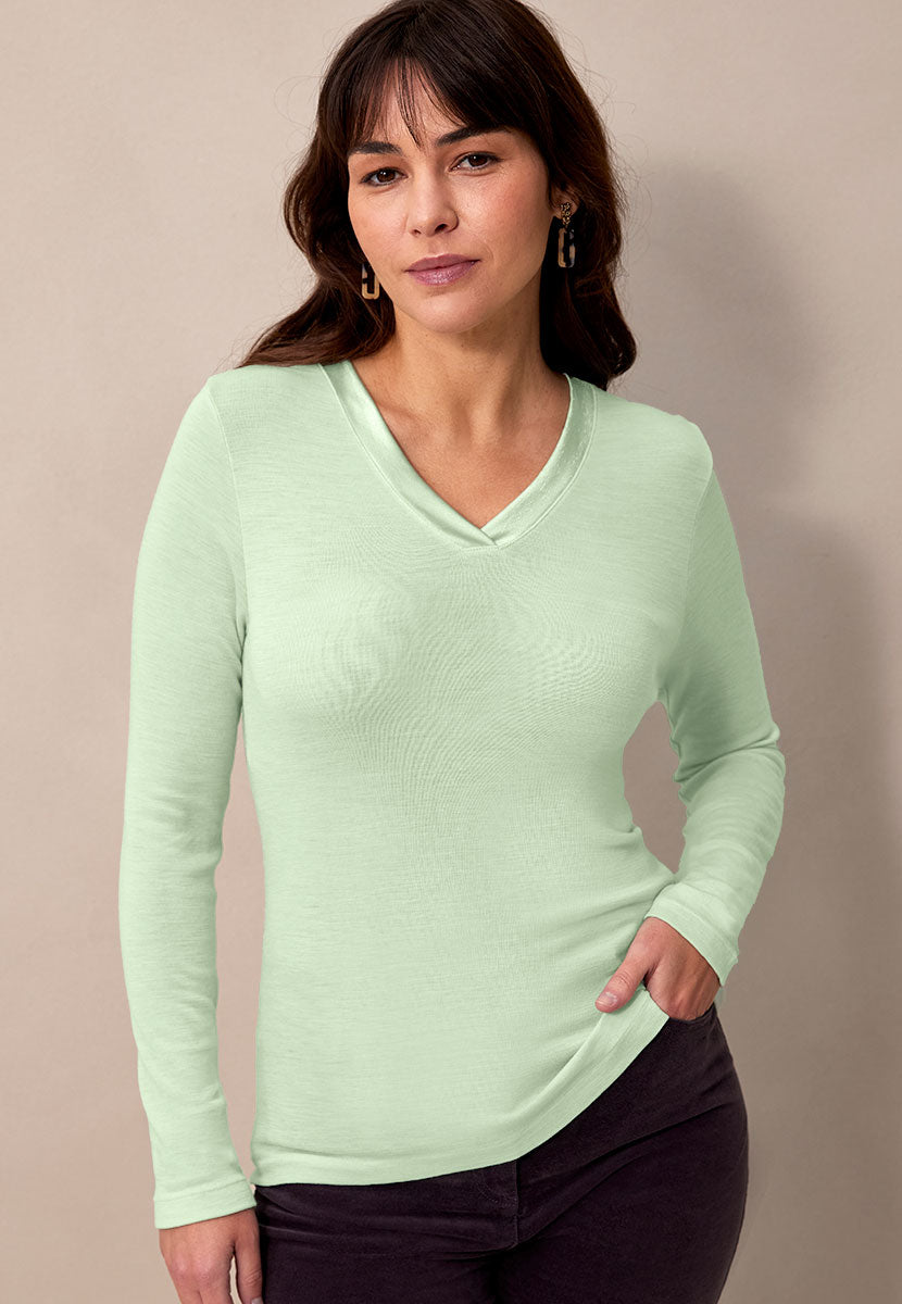Chiara V-Neck Long Sleeve Merino Top - Pale Mint Front Alt View