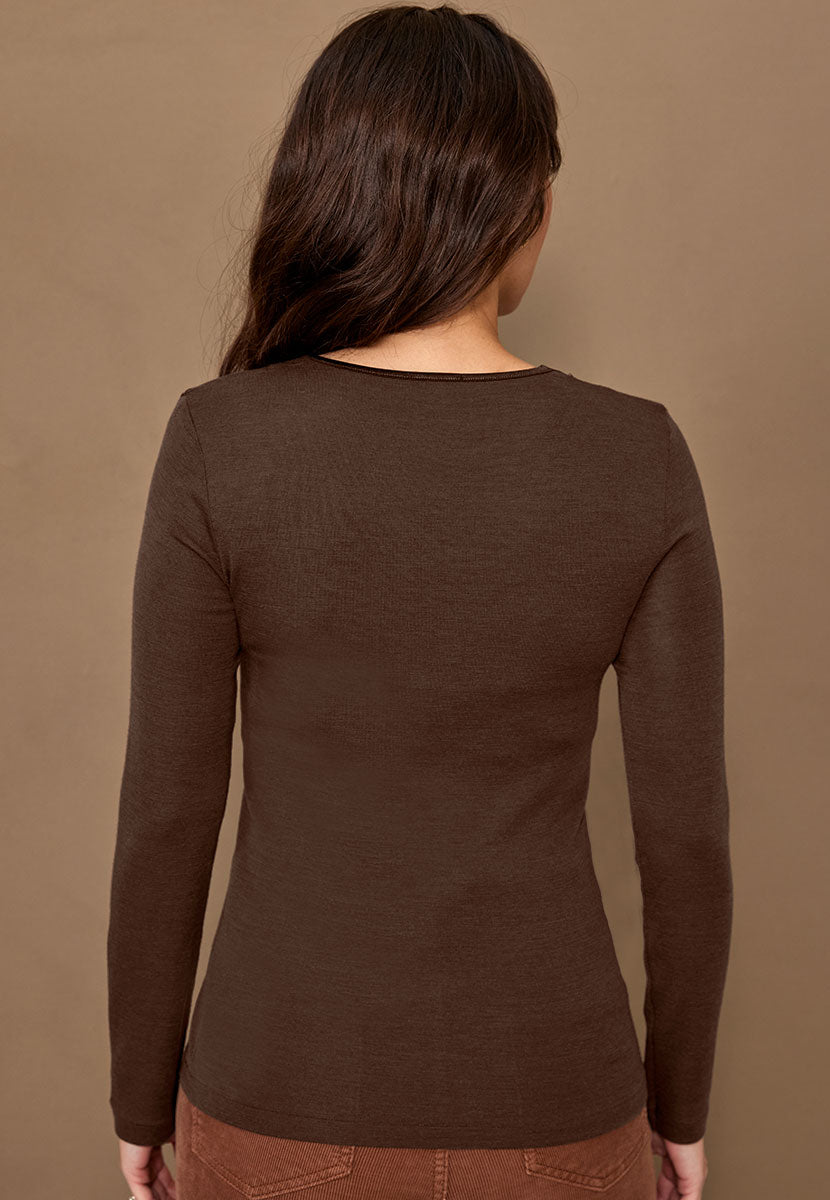 Chiara V-Neck Long Sleeve Merino Top - Praline Back View