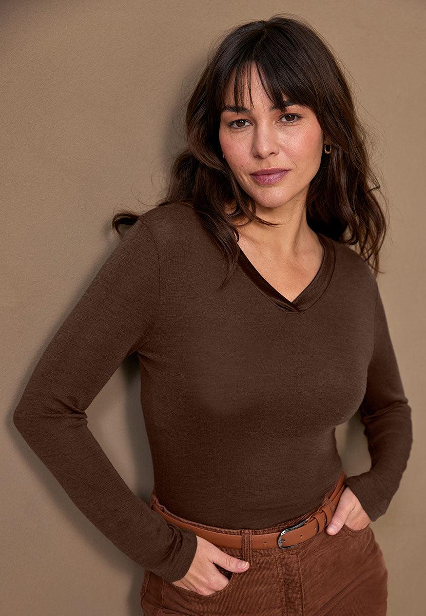 Chiara V-Neck Long Sleeve Merino Top - Praline Front View