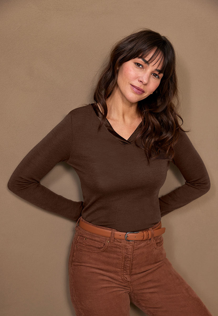 Chiara V-Neck Long Sleeve Merino Top - Praline Front Posed View