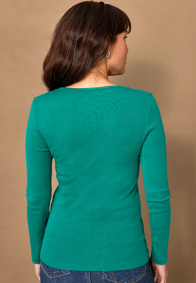 Chiara V-Neck Long Sleeve Merino Top - Sea Green Back View