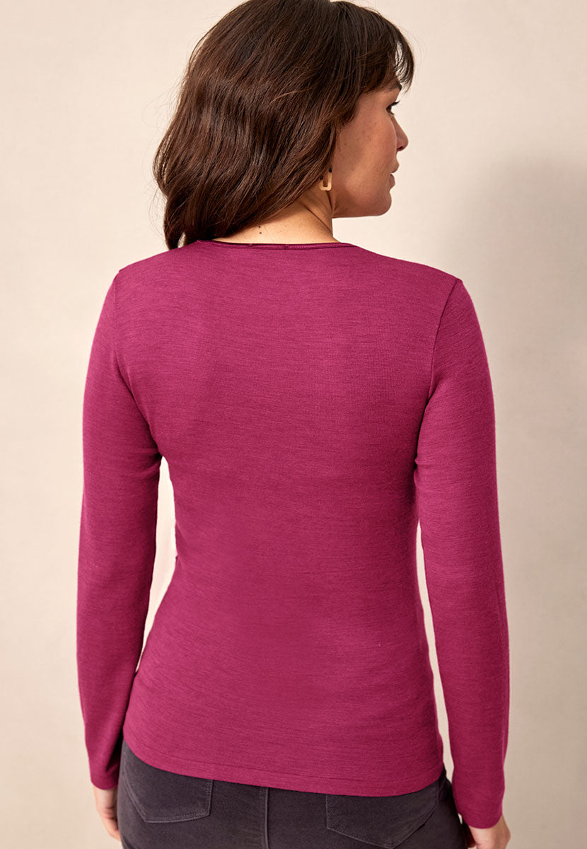 Chiara V-Neck Long Sleeve Merino Top - Winter Raspberry