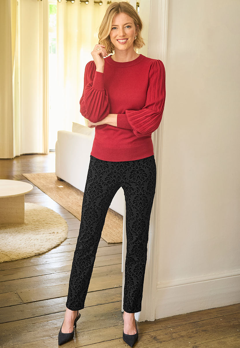 Chloe Easy-Fit Slim Leg Flocked Trouser - Black Front View
