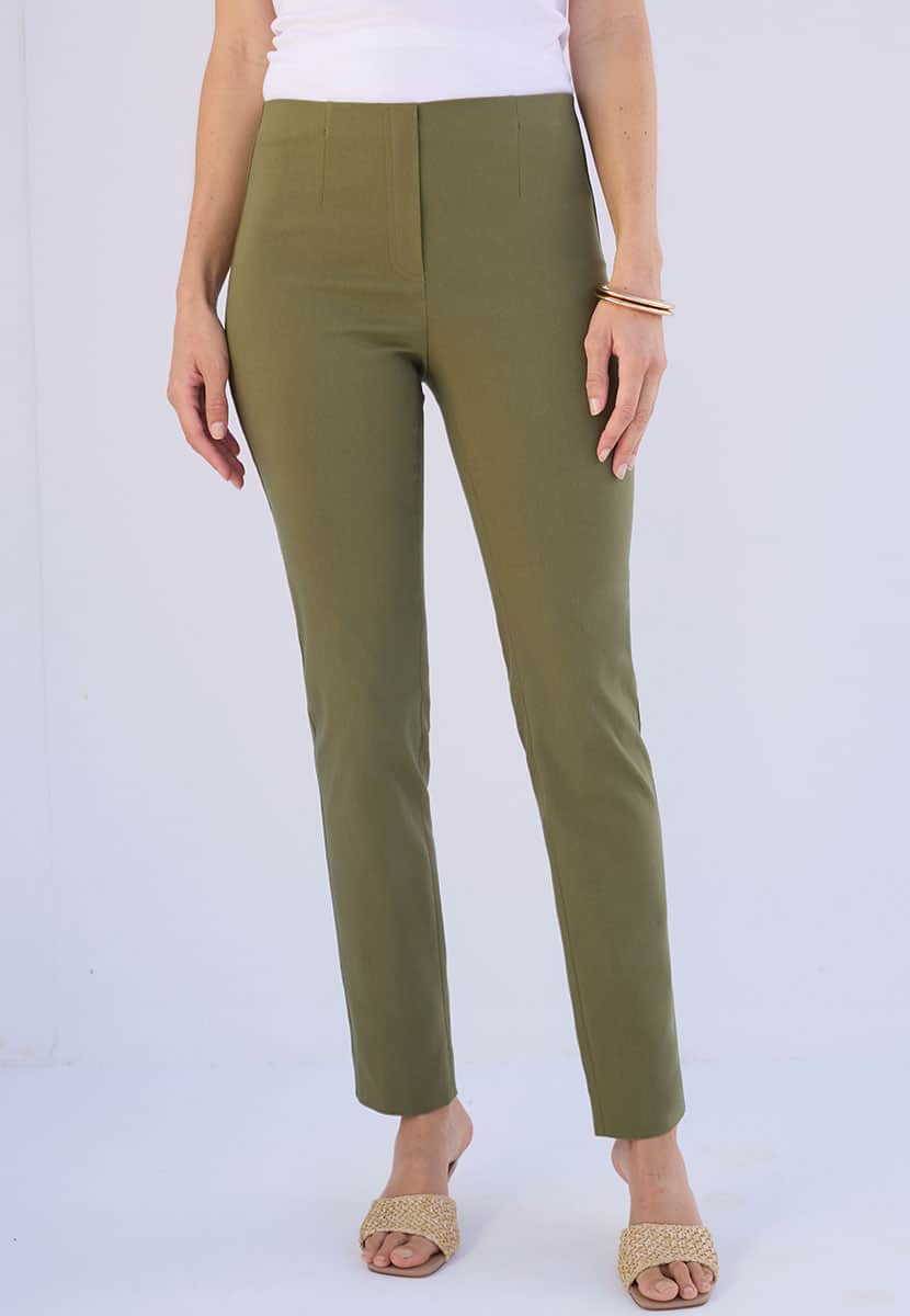 Chloe Slim Leg Easy Fit Trousers Dark Olive  with Hidden Stretch Waistband and Flexible Fabric Alt Front View
