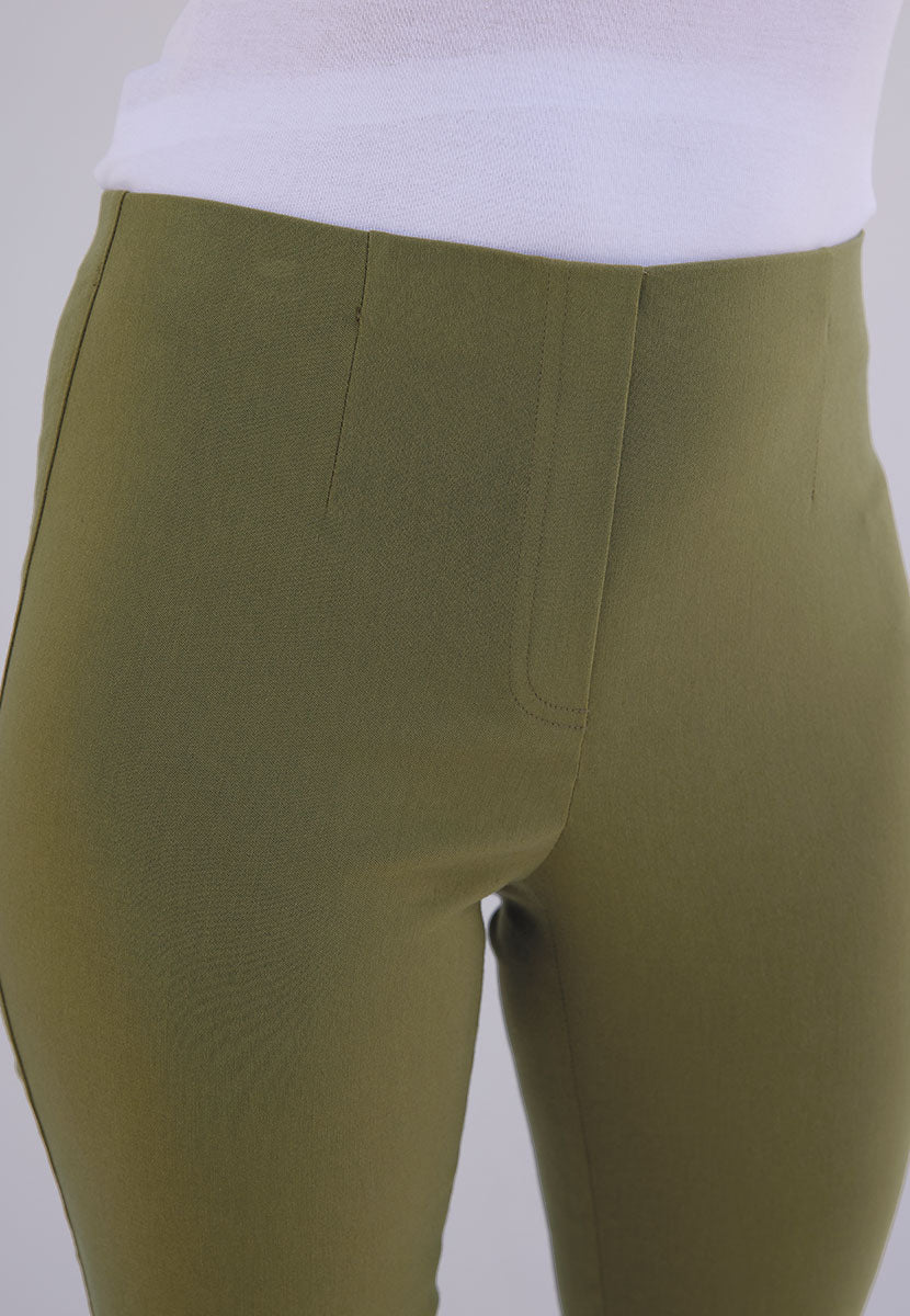 Chloe Slim Leg Easy Fit Trousers Dark Olive  with Hidden Stretch Waistband and Flexible Fabric  Front Detail