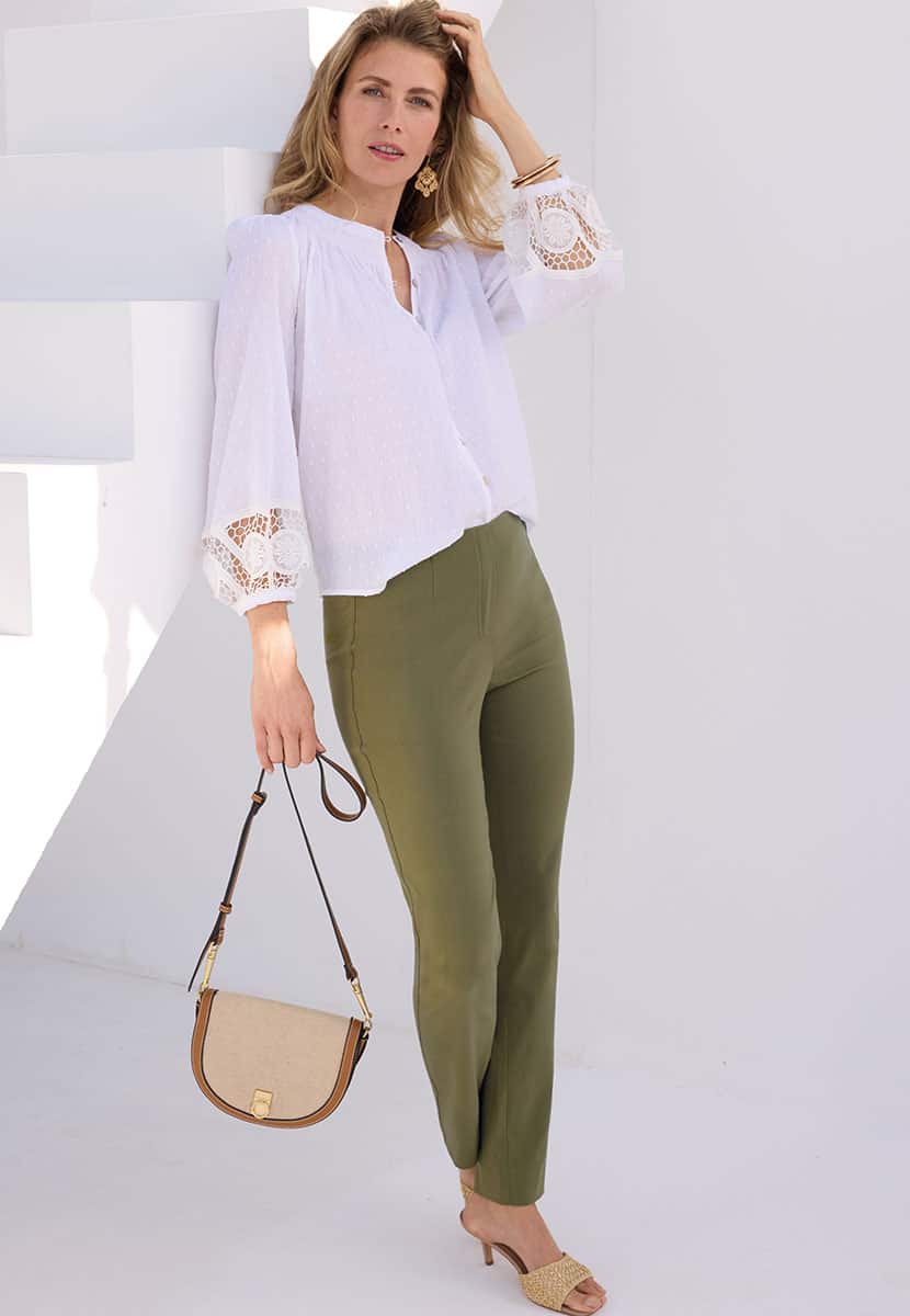 Chloe Slim Leg Easy Fit Trousers Dark Olive  with Hidden Stretch Waistband and Flexible Fabric 