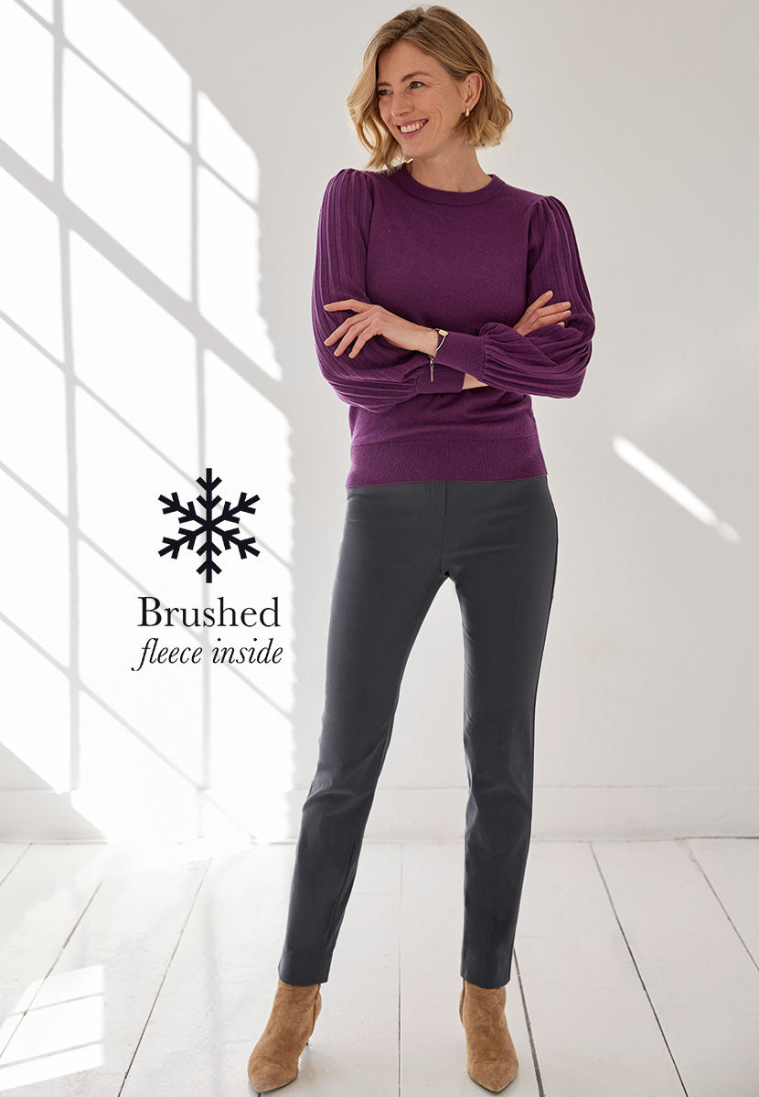 Chloe Fleece Lined Trouser - Deep Graphite Front View with Abigail Deep Purple