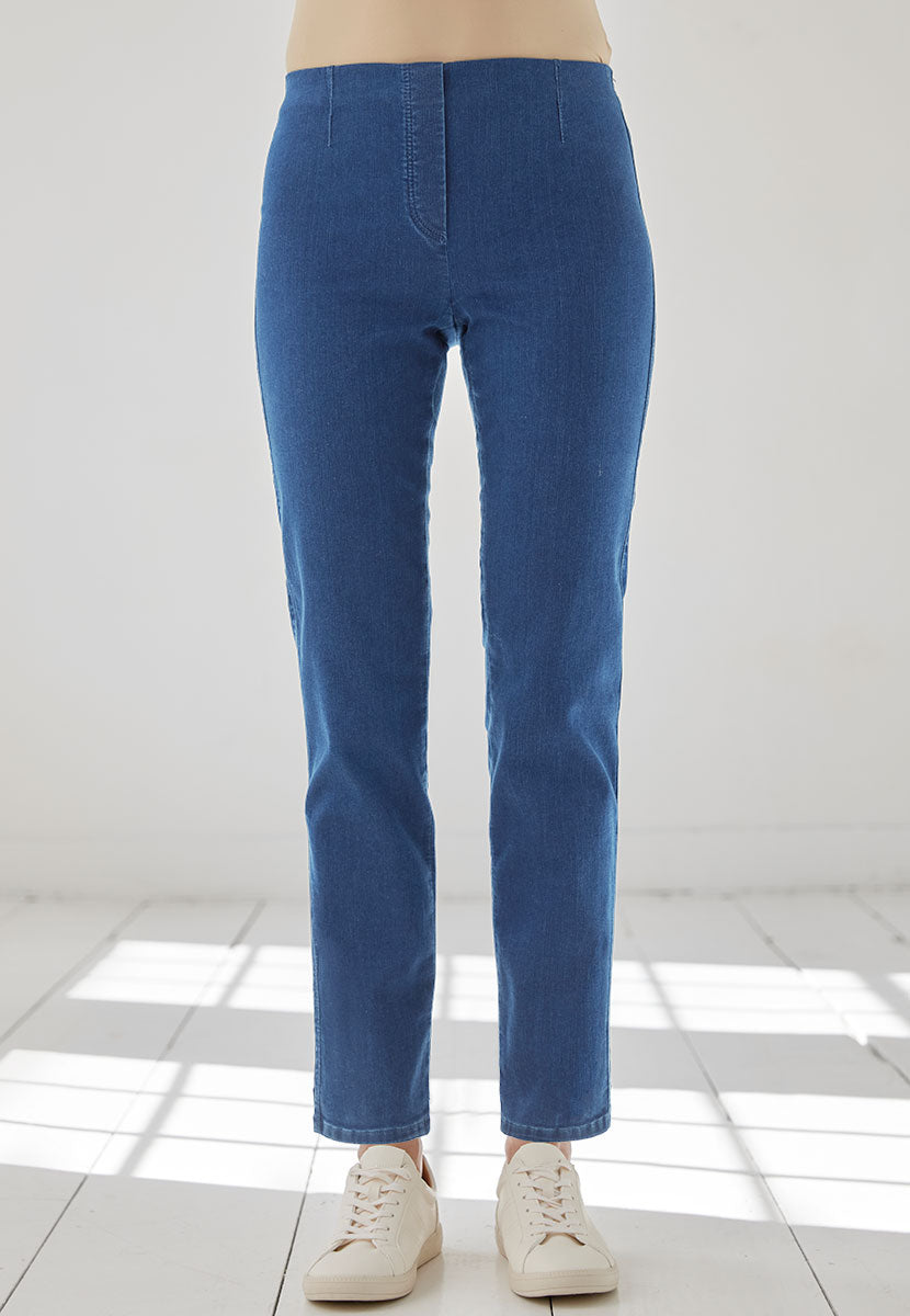 Chloe Easy Fit Slim Leg Trouser - Denim Front View