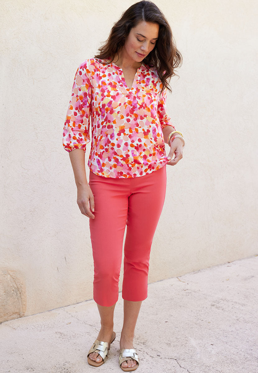 Chloe Slim Leg Pull On Cropped Trouser - Hibiscus Orange Easy Fit 22 Inch Leg Stretchy Soft Fabric Pocket-free Finish with Stretch Waistband