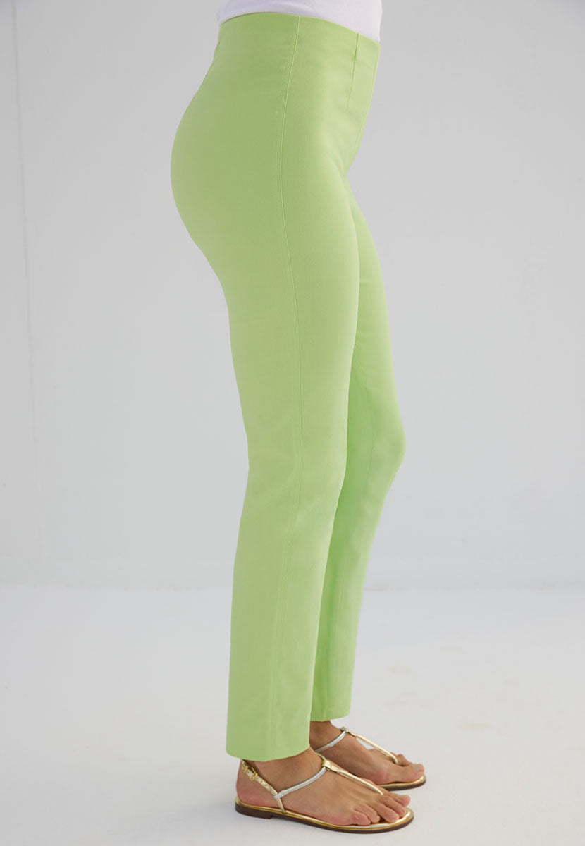 Chloe Easy Fit Trouser - Limeade Green Stretch Waist Faux Fly Stitch Detail Side View