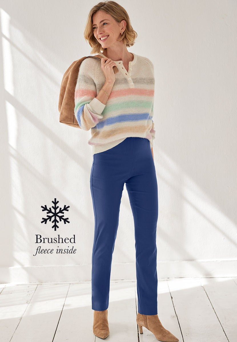 Chloe Fleece Lined Trouser - Petrol Blue Front View