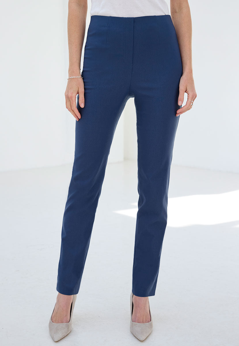 Chloe Fleece Lined Trouser 27 Inch Leg - Petrol Blue Brushed Inside For Warmth Slim Leg Ankle Slits and Hidden Elasticated Waist Front Alt View