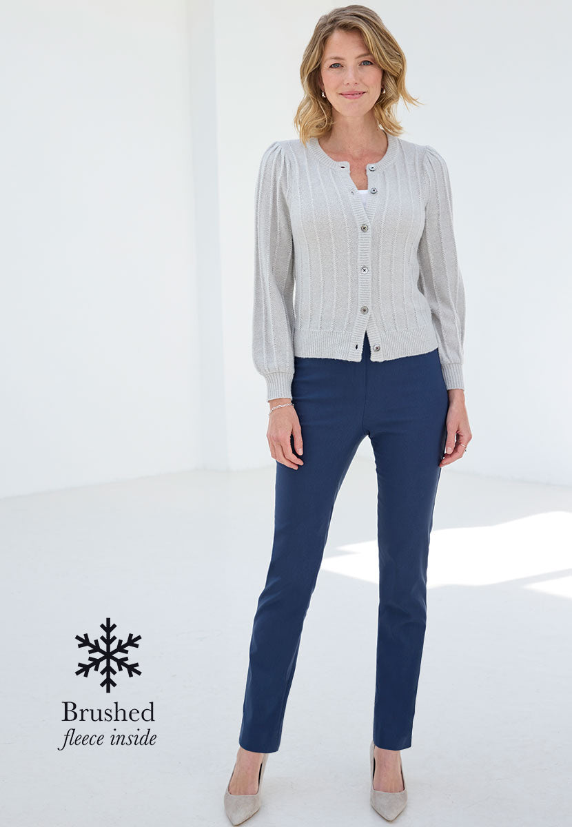 Chloe Fleece Lined Trouser 27 Inch Leg - Petrol Blue Brushed Inside For Warmth Slim Leg Ankle Slits and Hidden Elasticated Waist
